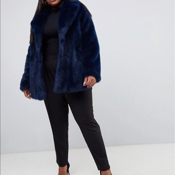 Navy Faux Fur Coat with Collar - Picture 2 of 4